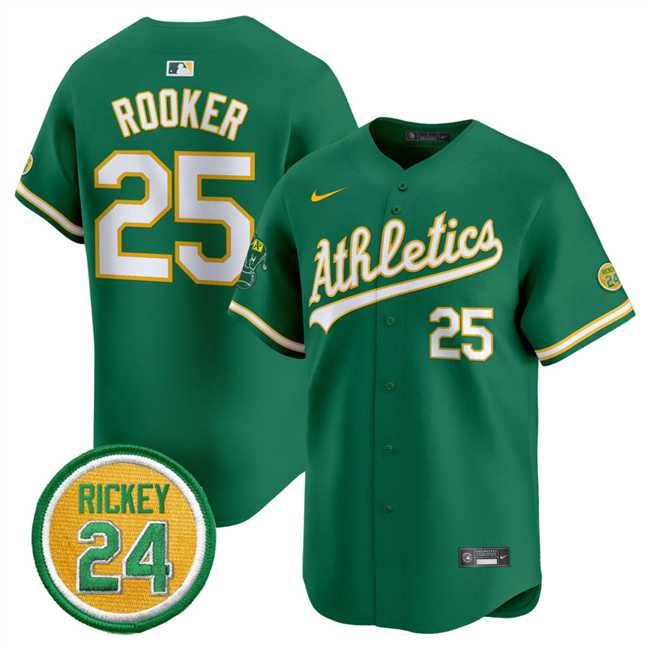 Men%27s Oakland Athletics #25 Brent Rooker Green 2024 Limited With Rickey Henderson Patch Stitched Jersey Dzhi